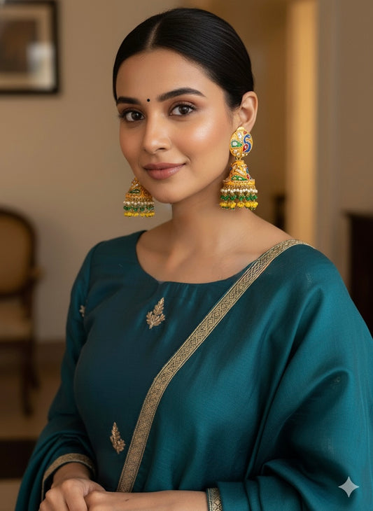 Antique gold tone yellow meenakari handwork peacock big jhumkka DJ32153