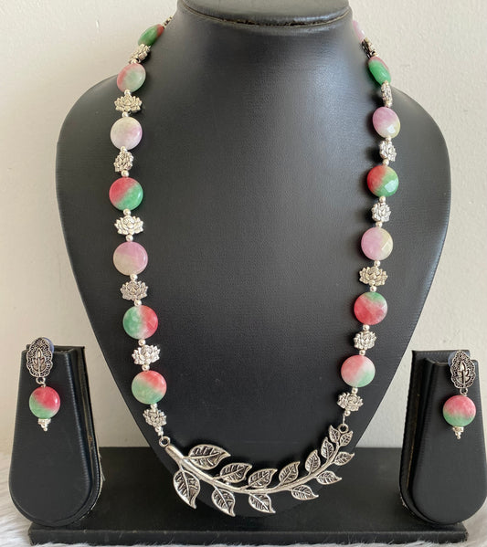 Silver tone maltycolor beads leaf pendant hand made necklace set dj-52920