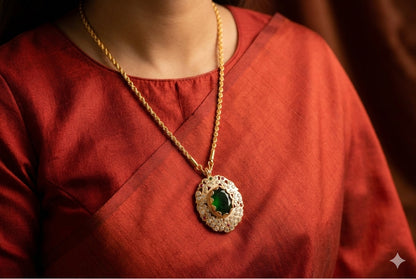 Gold tone 24 chain with bottle green oval stone pendant dj-51913