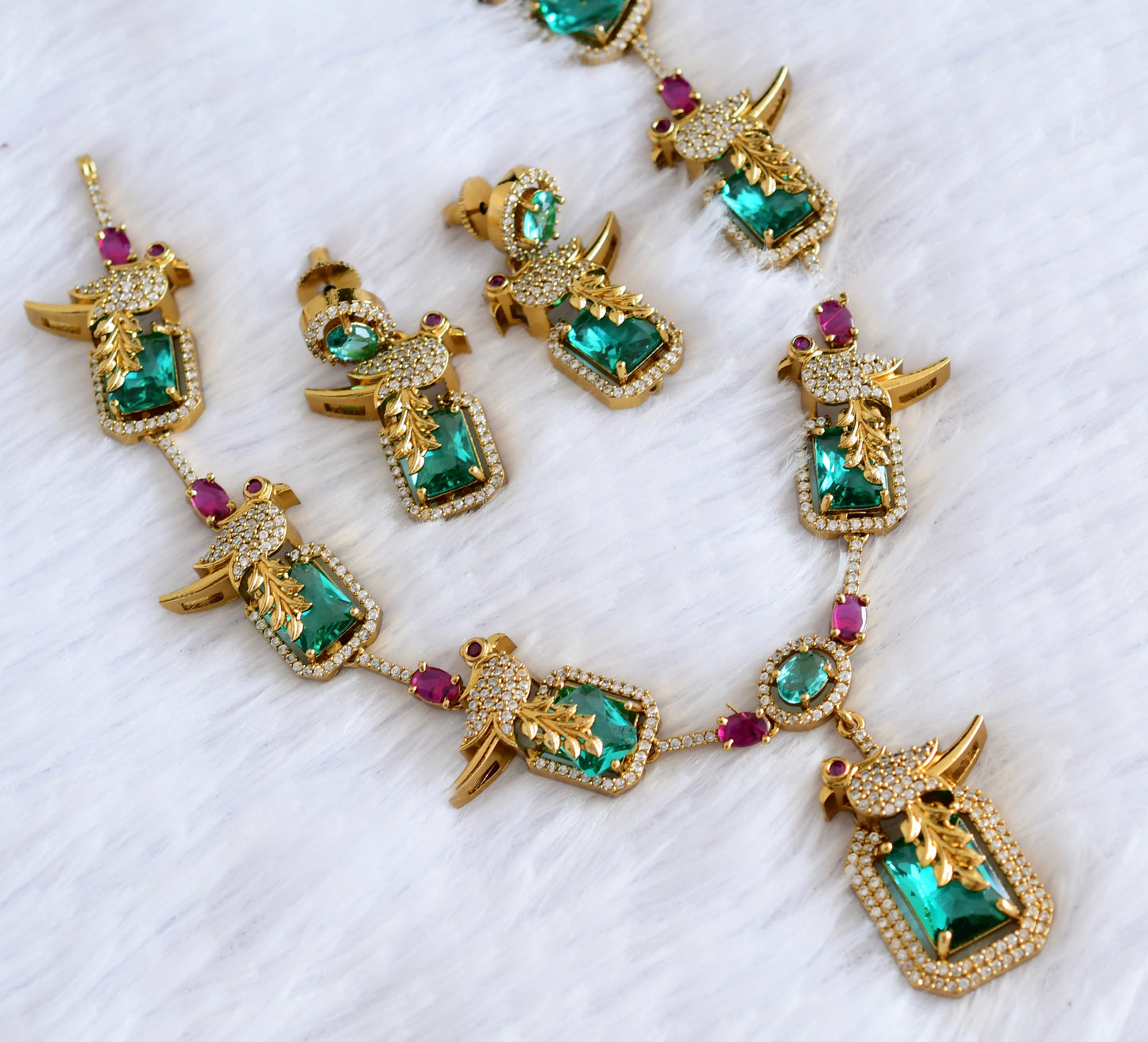 Antique gold tone cz pink-sea green-white bird necklace set dj-53021