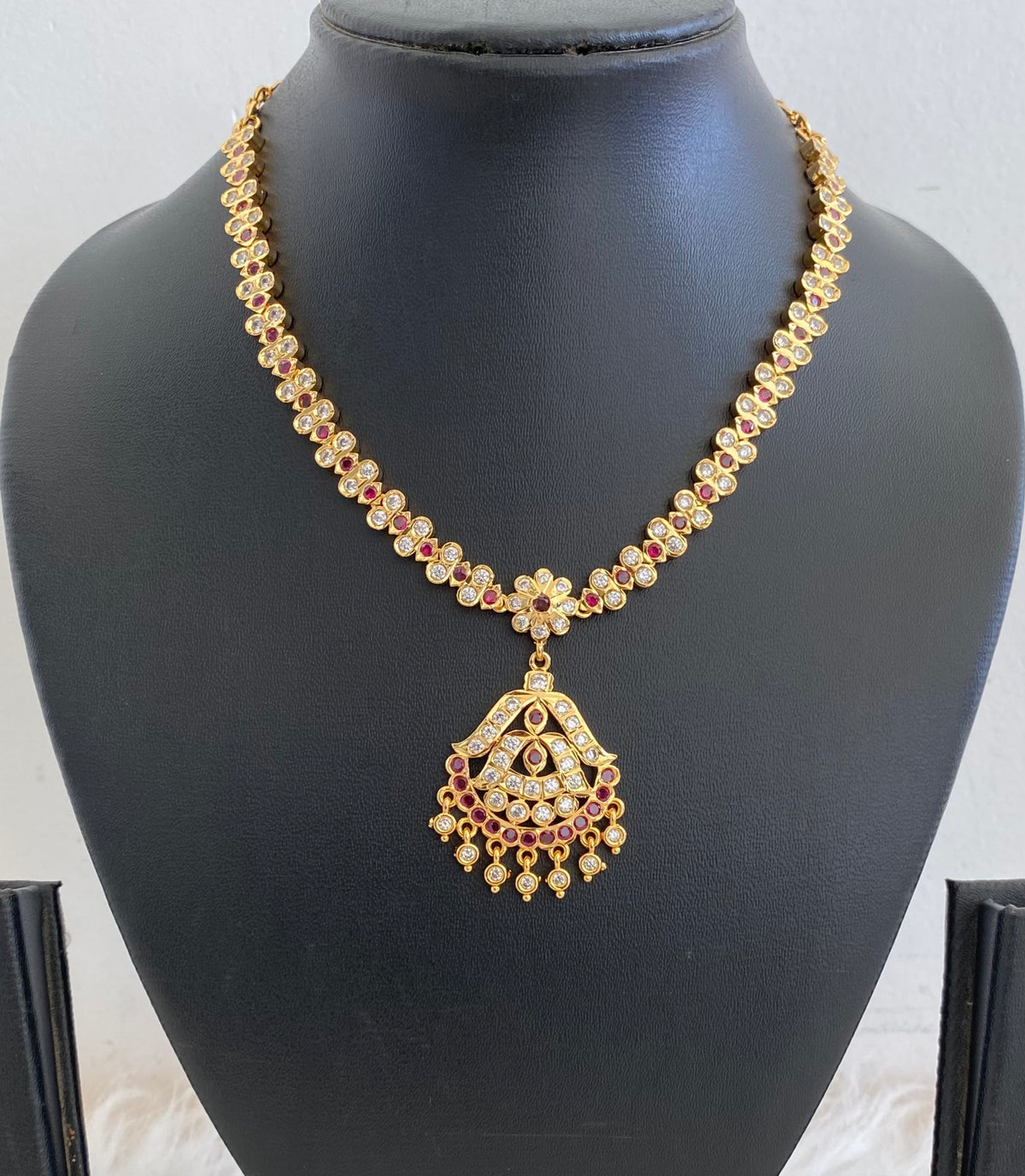 Gold tone south indian AD white-pink stone necklace dj-54921