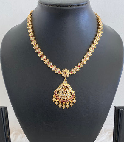 Gold tone south indian AD white-pink stone necklace dj-54921