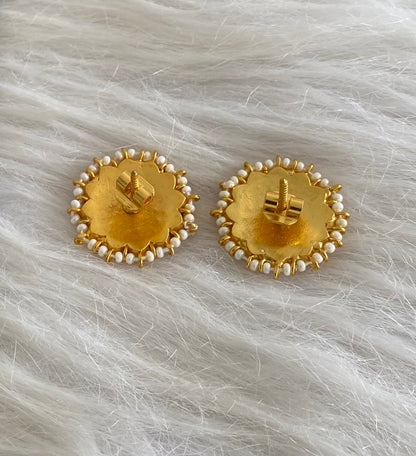 Gold tone pink-green-white kundan jadau flower round stud/earrings dj-54579