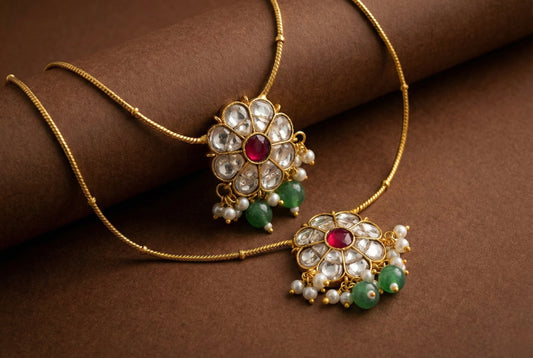 Gold tone pink-white-green flower kundan jadau anklets dj-52402