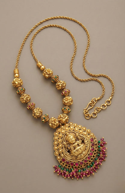 Matte finish kemp-green lakshmi beaded chain/necklace dj-37477
