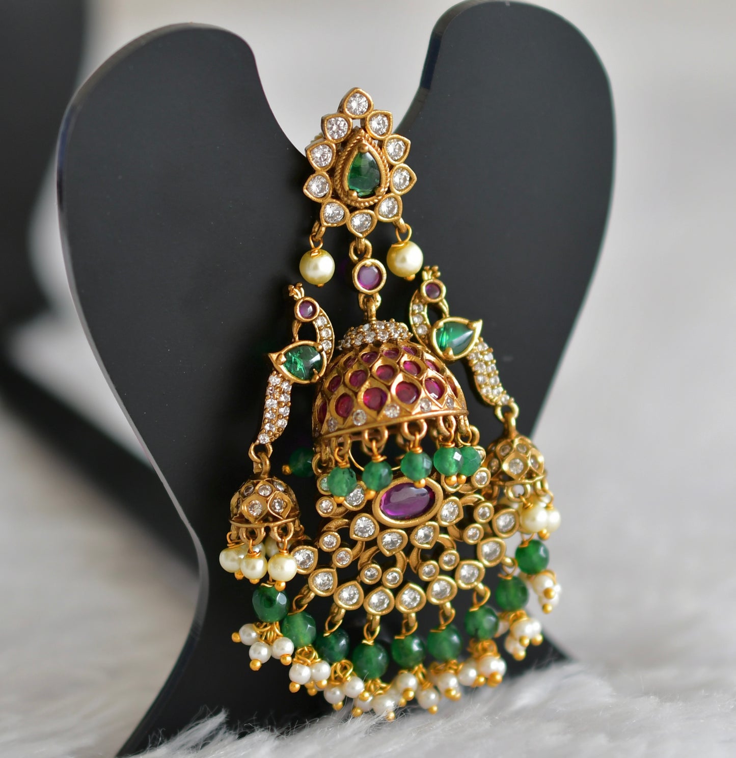 Antique gold tone kemp-green pearl bali peacock jhumkka dj-51865