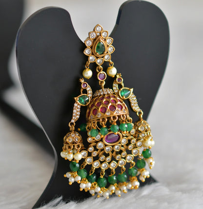 Antique gold tone kemp-green pearl bali peacock jhumkka dj-51865
