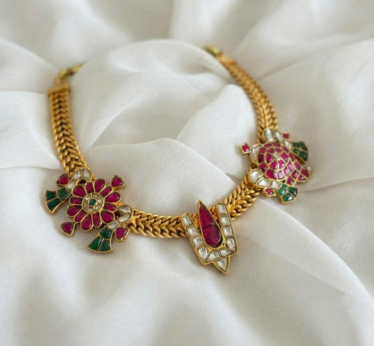 Antique gold tone jadau Shri Thirumal nama-shanku-chakra necklace dj-51549