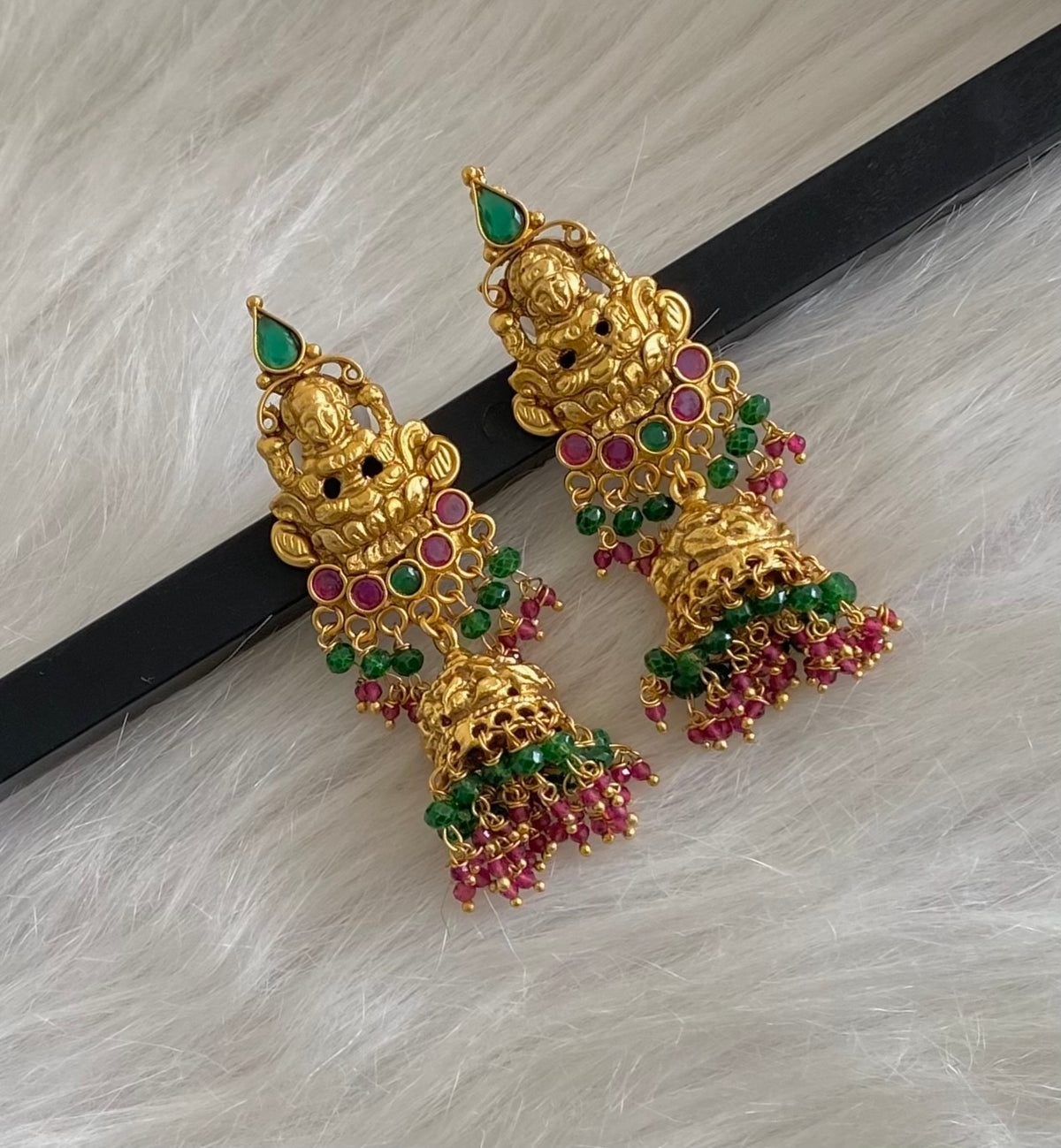 Antique gold tone ruby-green beaded lakshmi jhumkka dj-54788