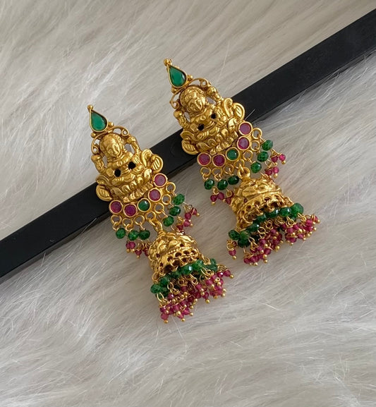 Antique gold tone ruby-green beaded lakshmi jhumkka dj-54788
