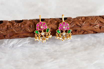 Gold tone pink-green-white kundan jadau flower bugadi earrings dj-52479