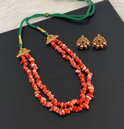 Antique gold tone coral beaded double layer necklace set dj-54967