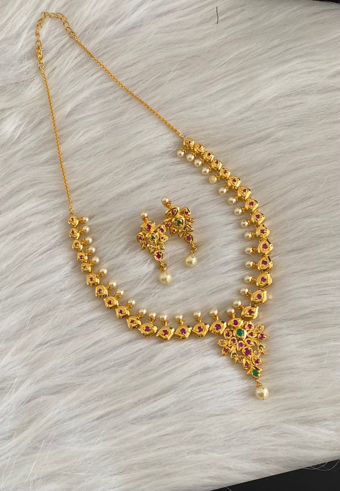 Gold tone ruby-green pearl necklace set dj-53832