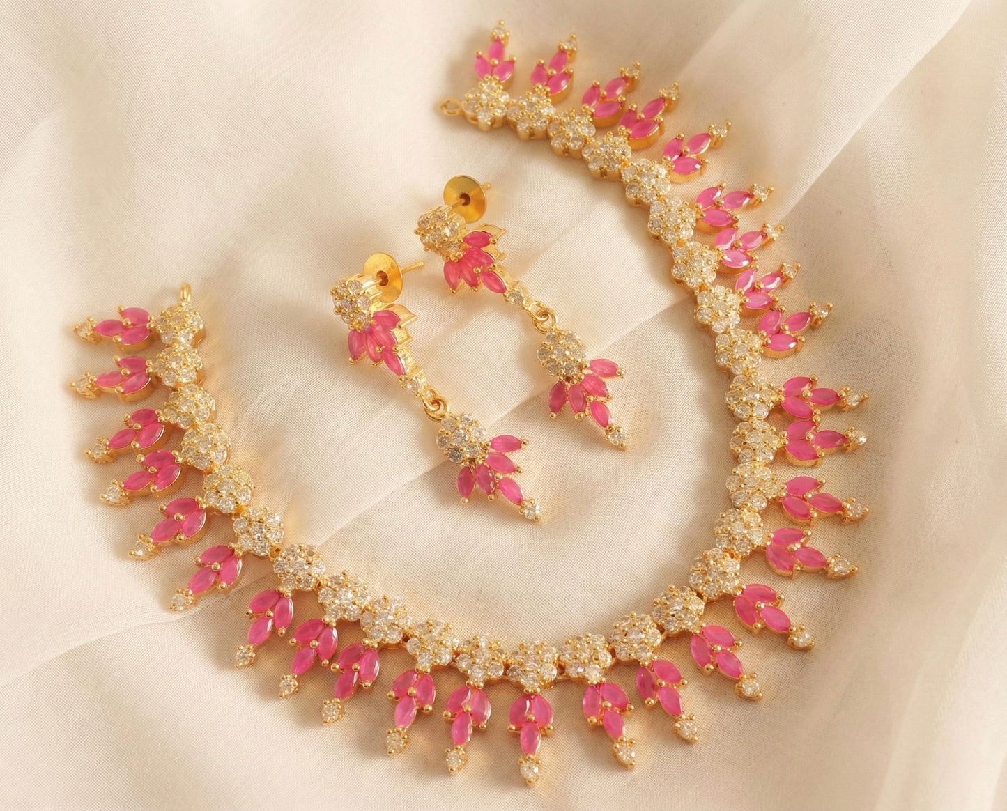 Gold tone Cz-ruby flower necklace Set-dj17087