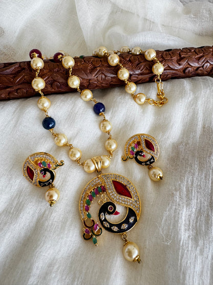 Gold tone meenakari peacock pearl beaded necklace set dj-52624