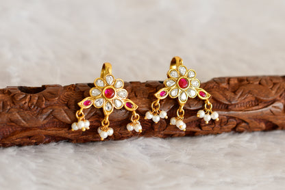Gold tone pink-white kundan jadau flower bugadi earrings dj-52484