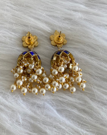 Antique gold tone blue-white stone kundan jadau pearl jhumkka  dj-54583