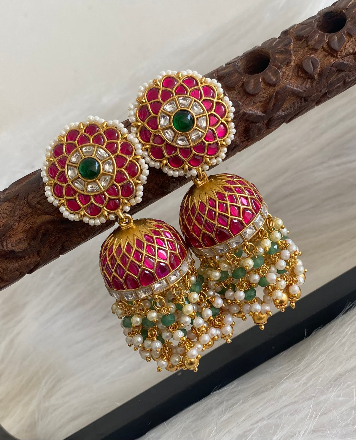 Gold tone pink-white kundan jadau green beaded pearl big jhumkka dj-55100
