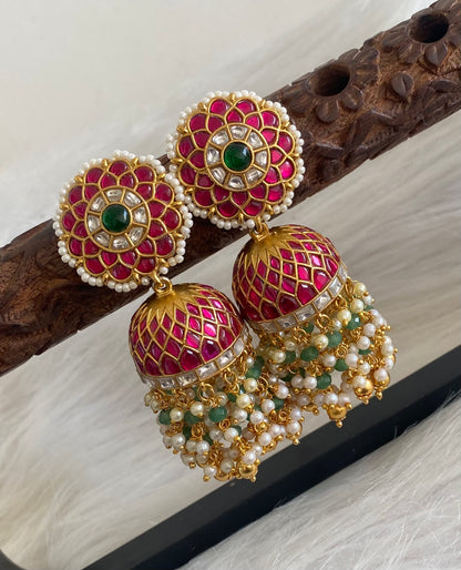 Gold tone pink-white kundan jadau green beaded pearl big jhumkka dj-55100