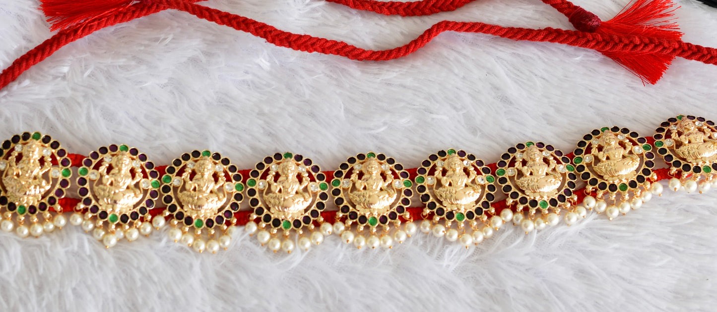 Gold tone precious kemp-green-white pearl lakshmi waist band dj-52270