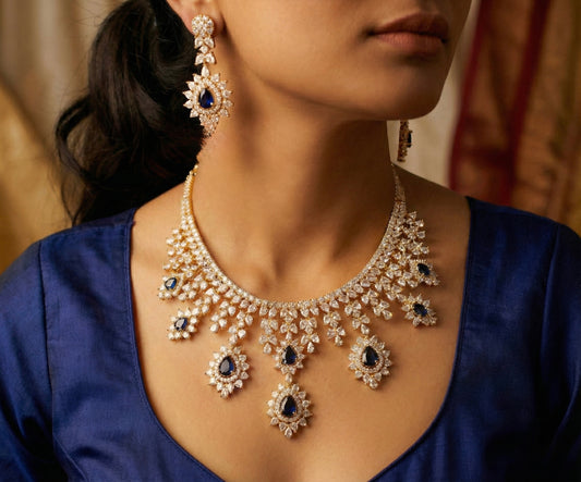 Gold tone Cz-blue Necklace Set-dj17114