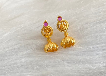 Gold tone pink stone small lakshmi lotus jhumkka dj-54612