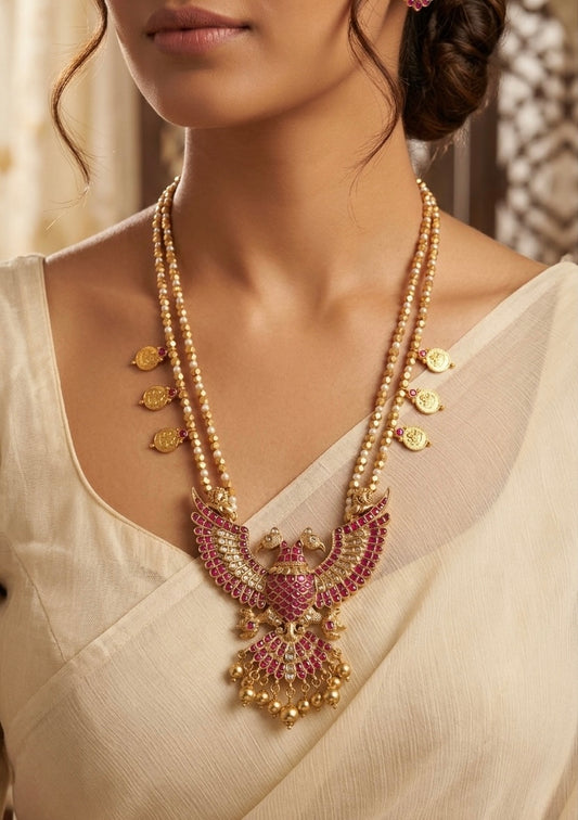 Gold tone double layer kundan jadau gandaberunda lakshmi coin haar dj-54513