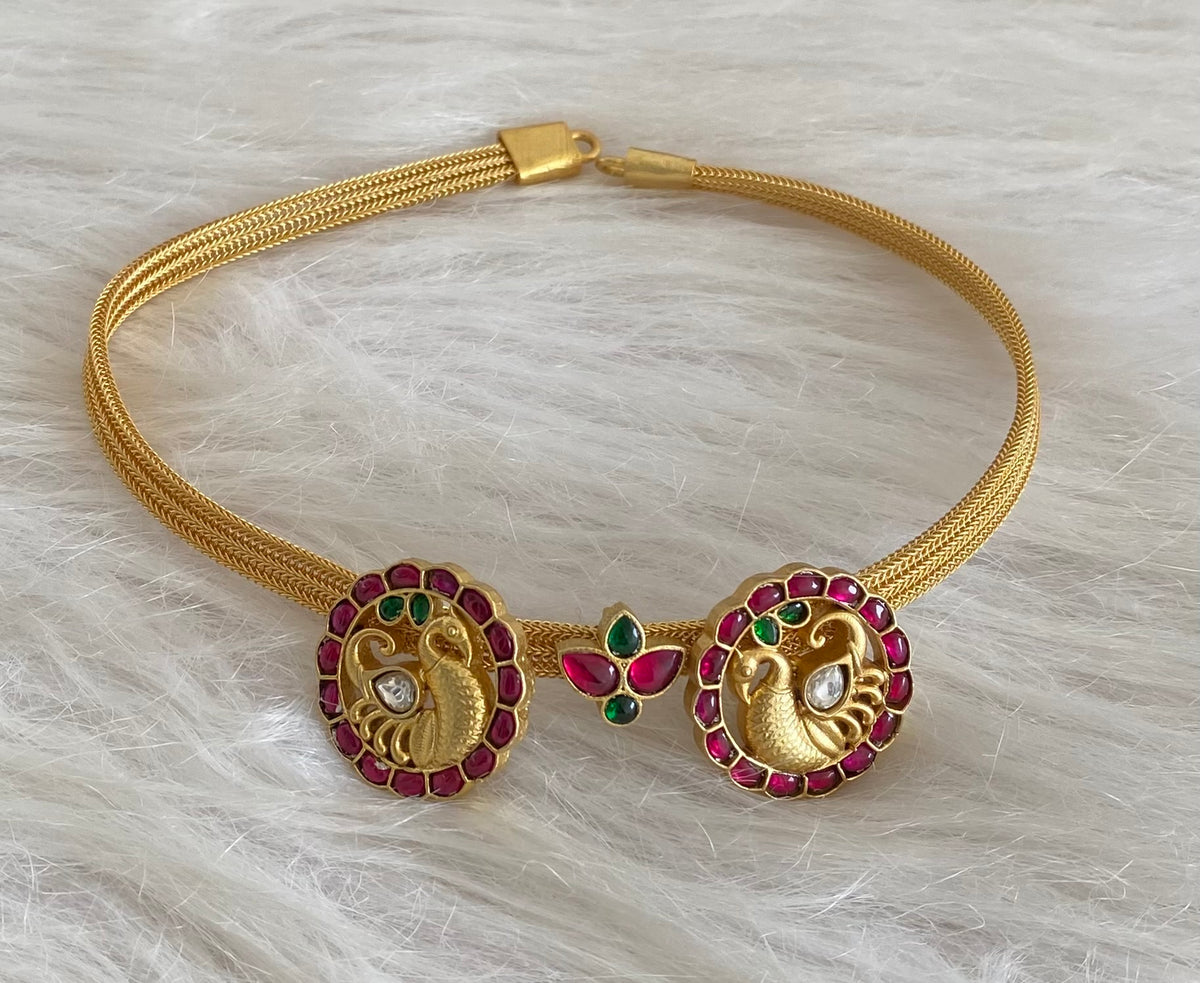 Gold tone kundan jadau pink-green-white swan necklace dj-55019