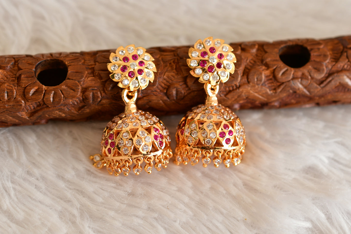 Gold tone south indian style AD pink-white jhumkka dj-50498