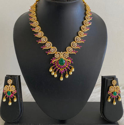 Gold tone cz ruby-emerald pearl necklace set dj-55108