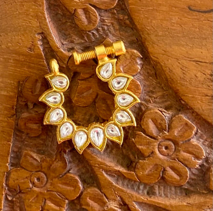 Gold tone kundan jadau white nose pin dj-53710