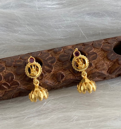Gold tone pink stone small lakshmi lotus jhumkka dj-54612
