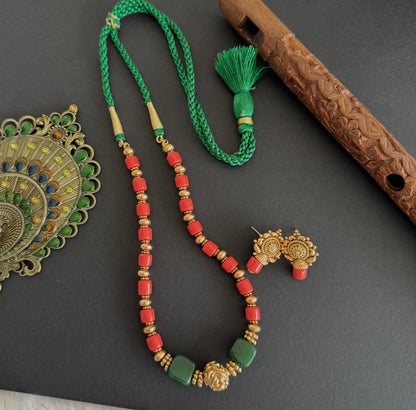 Matte finish coral-green beaded necklace set dj-52307