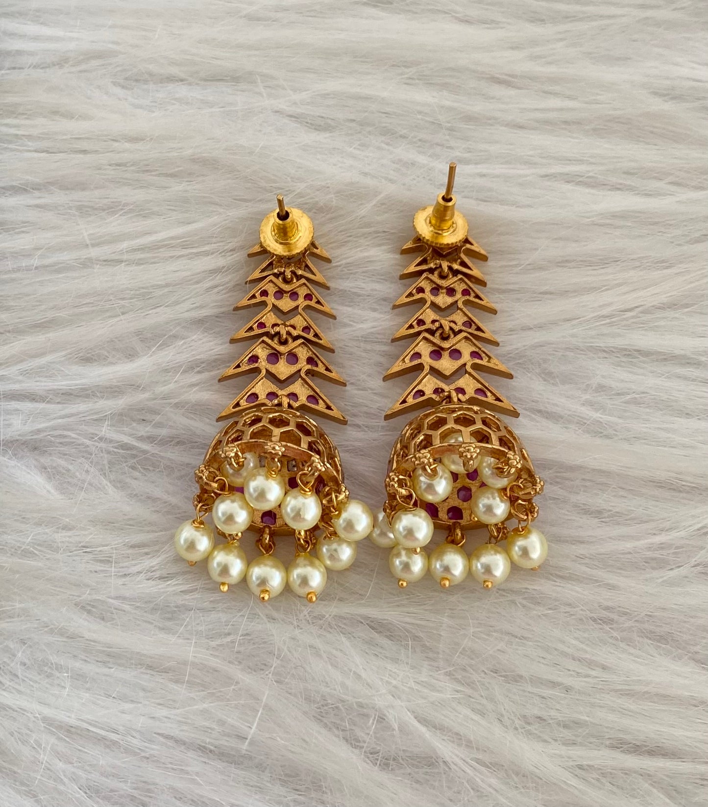 Antique gold tone kemp-green-white stone pearl long jhumkka dj-54637