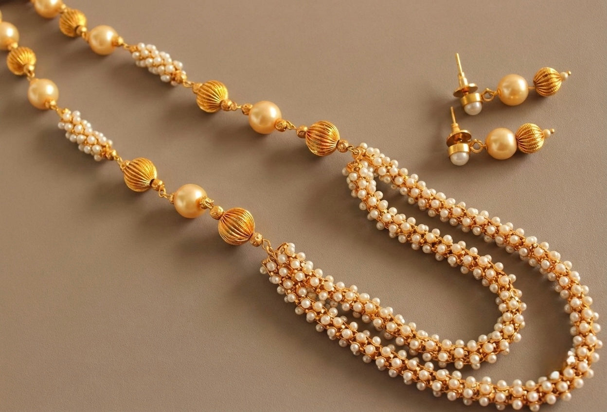 Antique gold tone double layer Pearl Necklace Set-dj07127