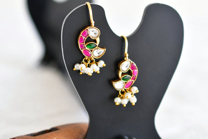 Gold tone pink-green-white kundan jadau peacock bugadi earrings dj-52476