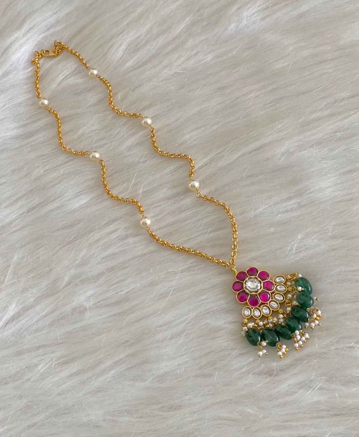 Gold tone green beaded pearl kundan jadau chain with pendant dj-54787