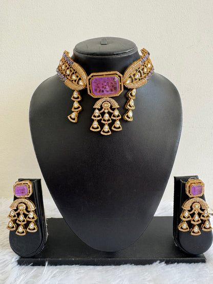 Antique gold tone cz kundan purple choker necklace set dj-51077