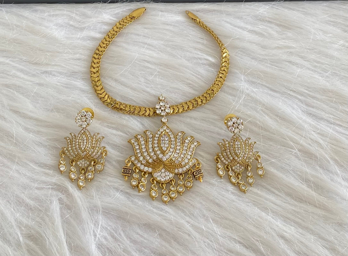 Dark antique finish white stone lotus necklace set dj-54640
