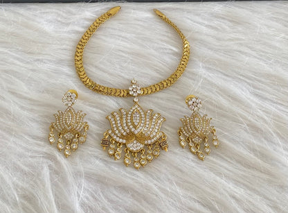 Dark antique finish white stone lotus necklace set dj-54640