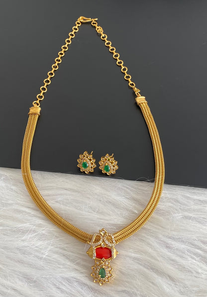 Antique gold tone coral white-green stone necklace set dj-54270