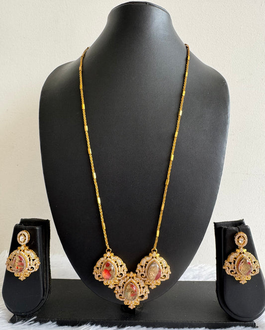 Antique gold tone peach brown-gold fire-stone long chain set dj-51097