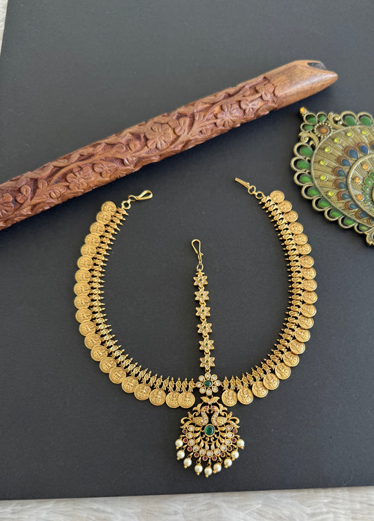 Antique gold tone cz pink-green lakshmi coin peacock tikka dj-52059