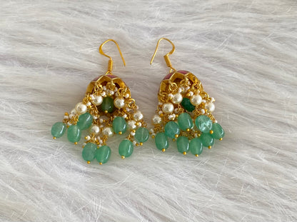 Gold tone pink kundan jadau green beaded pearl jhumkka dj-54256