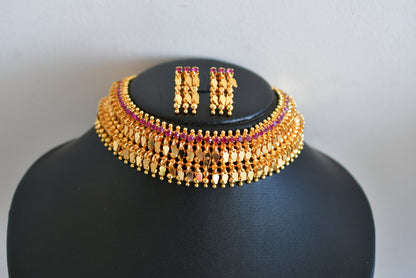 Gold look alike ruby stone elakka thali choker necklace dj-47726