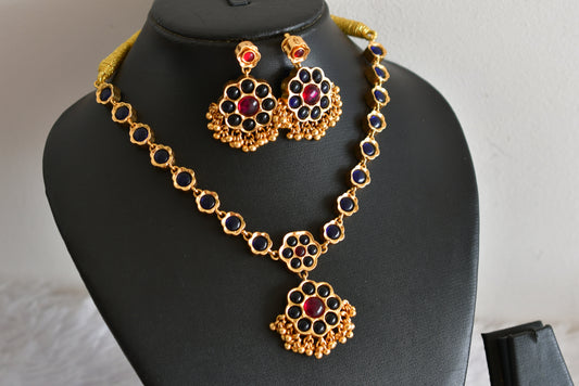 Matte finish blue flower reversible necklace set dj-52209