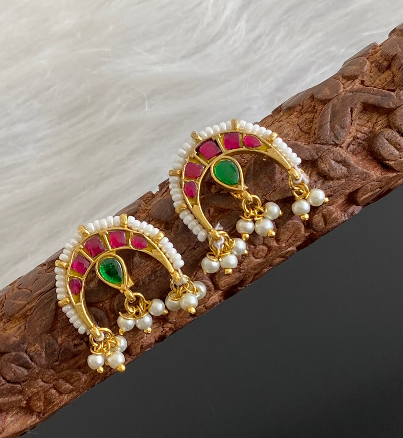 Gold tone pink-green kundan jadau pearl moon bugadi earrings dj-53665