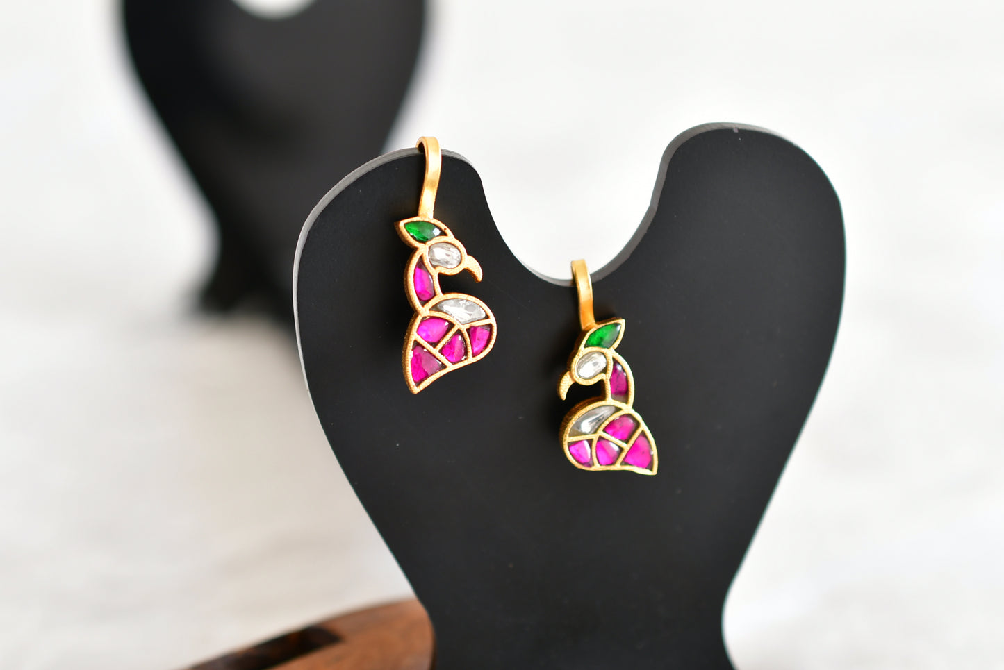 Gold tone pink-green-white kundan jadau peacock bugadi earrings dj-52478
