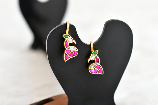Gold tone pink-green-white kundan jadau peacock bugadi earrings dj-52478