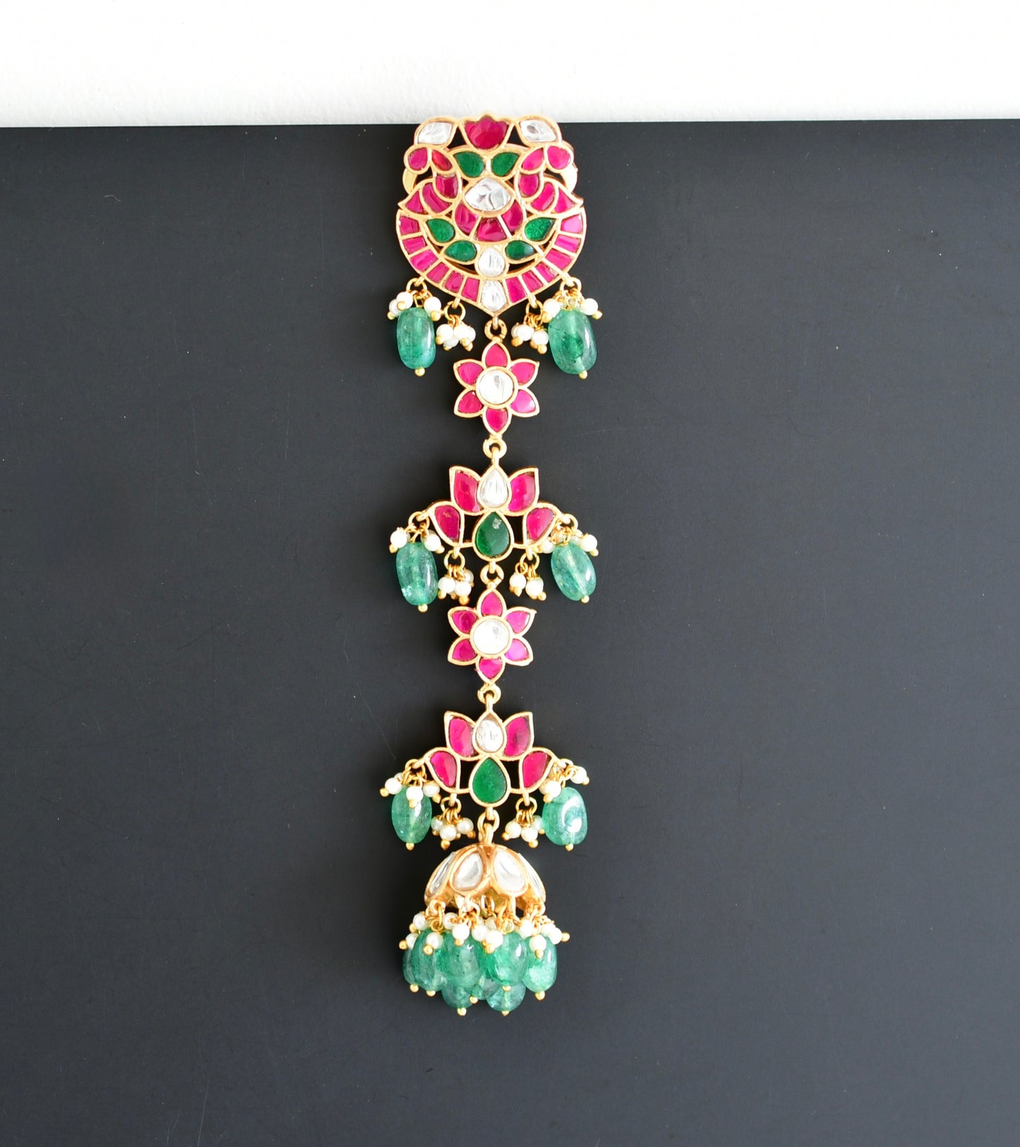 Gold tone pink-green kundan jadau lotus hair jewel dj-52380